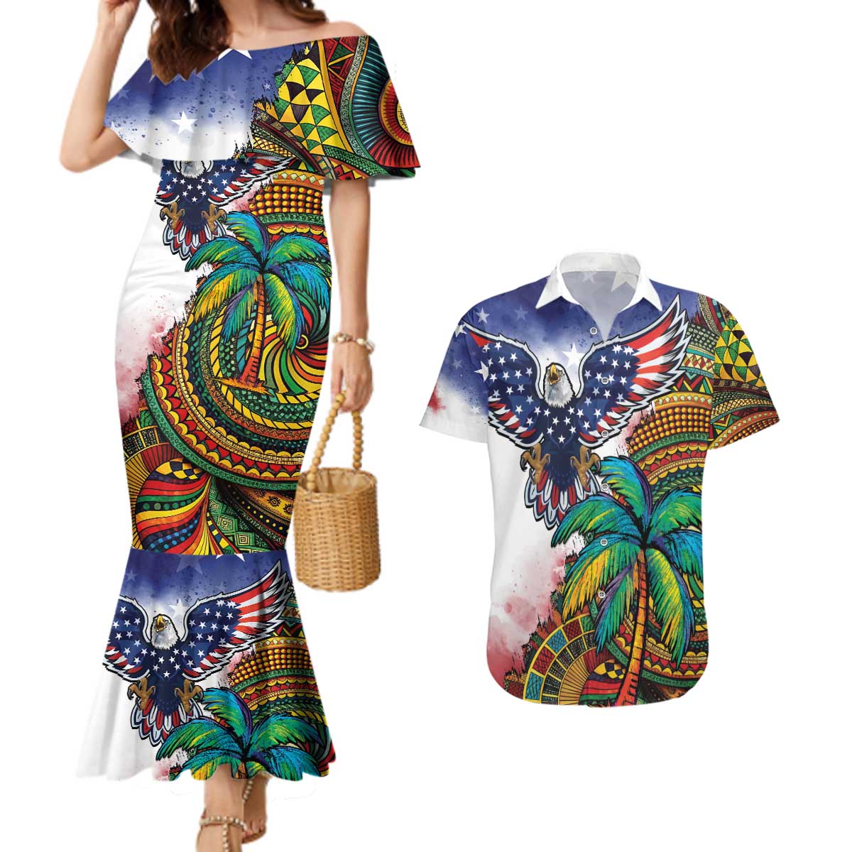 Caribbean American Together Couples Matching Mermaid Dress and Hawaiian Shirt USA Flag Eagle and Coloful Palm Tree - Wonder Print Shop