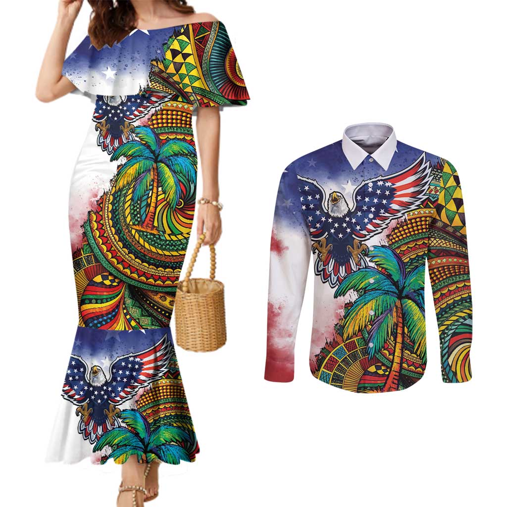 Caribbean American Together Couples Matching Mermaid Dress and Long Sleeve Button Shirt USA Flag Eagle and Coloful Palm Tree - Wonder Print Shop