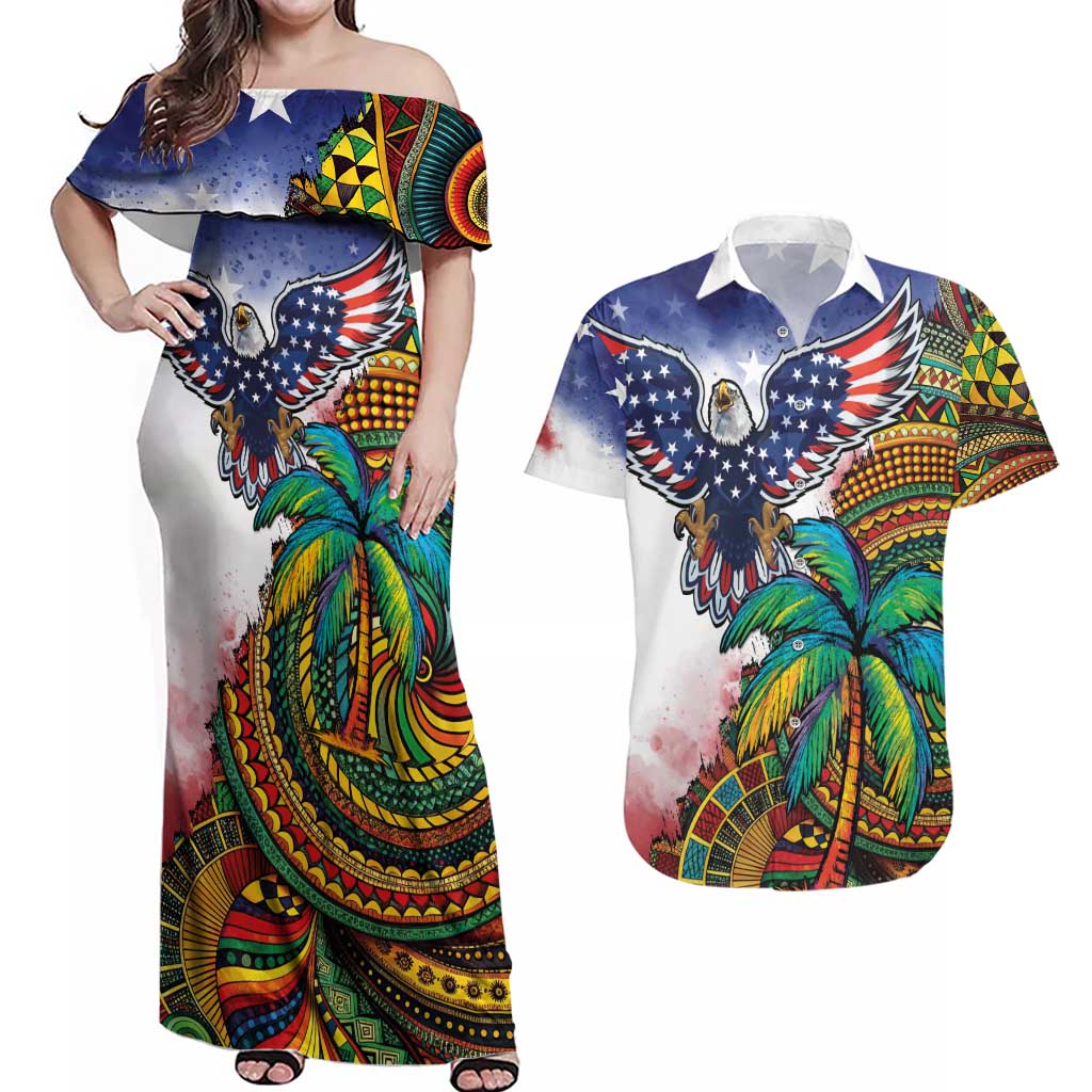 Caribbean American Together Couples Matching Off Shoulder Maxi Dress and Hawaiian Shirt USA Flag Eagle and Coloful Palm Tree - Wonder Print Shop