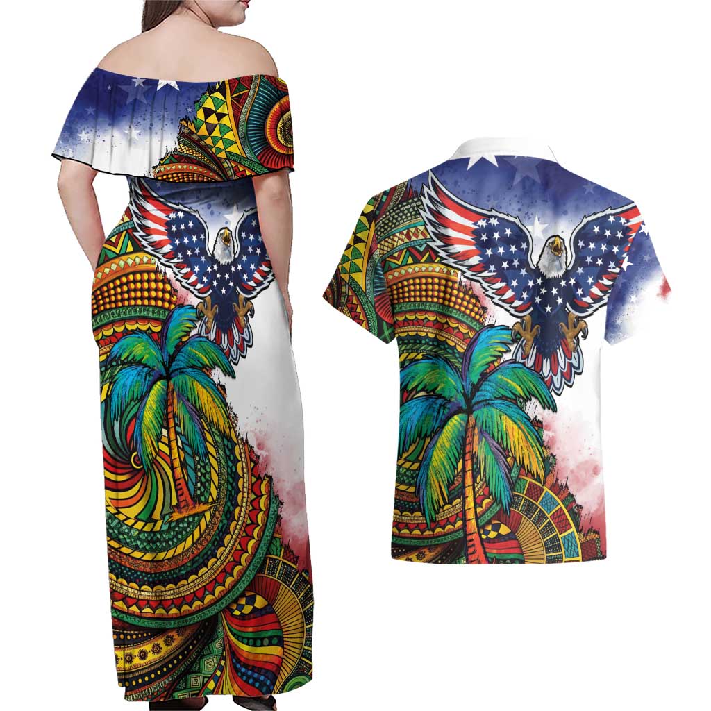 Caribbean American Together Couples Matching Off Shoulder Maxi Dress and Hawaiian Shirt USA Flag Eagle and Coloful Palm Tree - Wonder Print Shop
