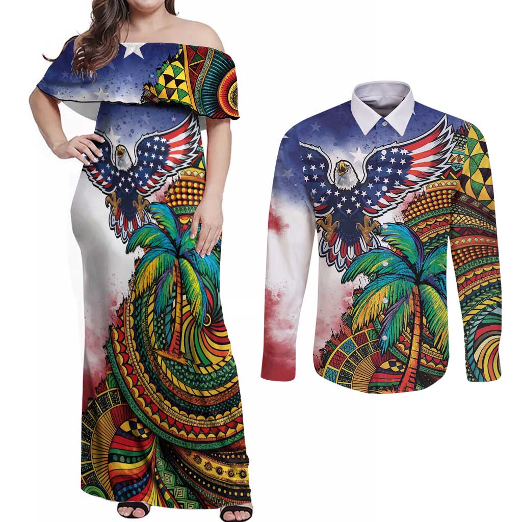 Caribbean American Together Couples Matching Off Shoulder Maxi Dress and Long Sleeve Button Shirt USA Flag Eagle and Coloful Palm Tree - Wonder Print Shop