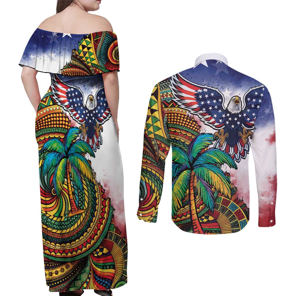 Caribbean American Together Couples Matching Off Shoulder Maxi Dress and Long Sleeve Button Shirt USA Flag Eagle and Coloful Palm Tree - Wonder Print Shop