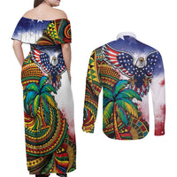 Caribbean American Together Couples Matching Off Shoulder Maxi Dress and Long Sleeve Button Shirt USA Flag Eagle and Coloful Palm Tree - Wonder Print Shop