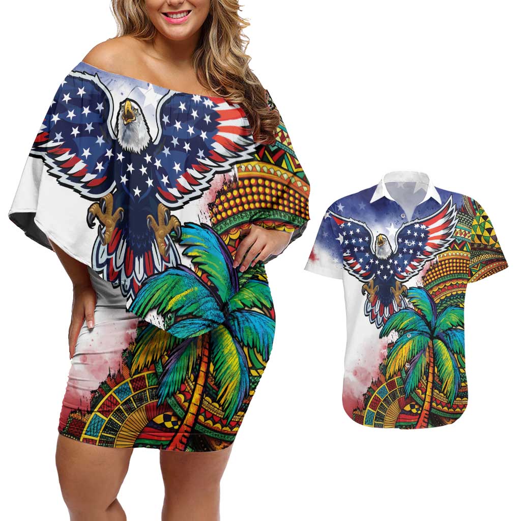 Caribbean American Together Couples Matching Off Shoulder Short Dress and Hawaiian Shirt USA Flag Eagle and Coloful Palm Tree - Wonder Print Shop