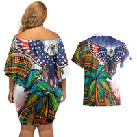 Caribbean American Together Couples Matching Off Shoulder Short Dress and Hawaiian Shirt USA Flag Eagle and Coloful Palm Tree - Wonder Print Shop