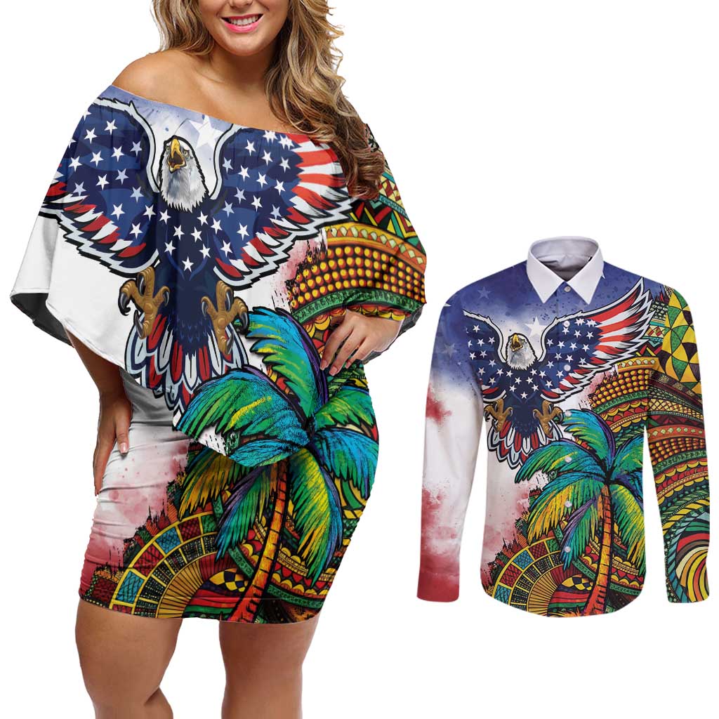 Caribbean American Together Couples Matching Off Shoulder Short Dress and Long Sleeve Button Shirt USA Flag Eagle and Coloful Palm Tree - Wonder Print Shop