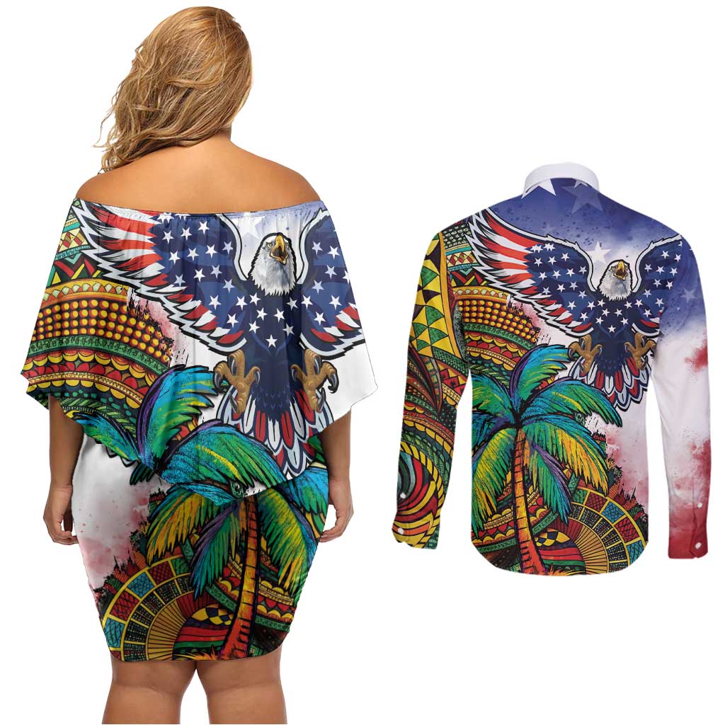 Caribbean American Together Couples Matching Off Shoulder Short Dress and Long Sleeve Button Shirt USA Flag Eagle and Coloful Palm Tree - Wonder Print Shop