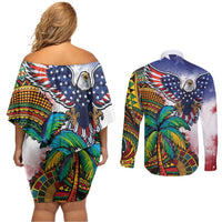 Caribbean American Together Couples Matching Off Shoulder Short Dress and Long Sleeve Button Shirt USA Flag Eagle and Coloful Palm Tree - Wonder Print Shop