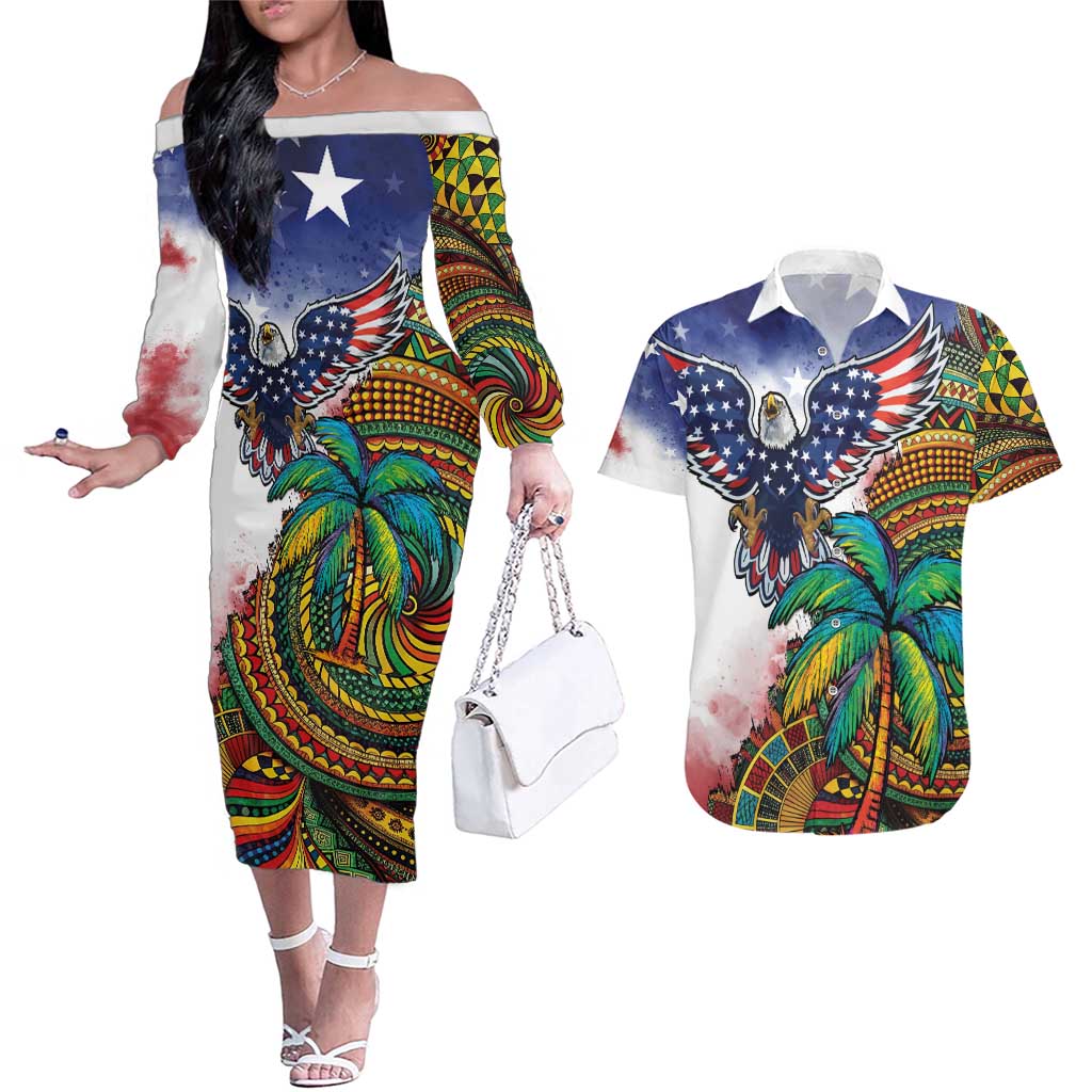 Caribbean American Together Couples Matching Off The Shoulder Long Sleeve Dress and Hawaiian Shirt USA Flag Eagle and Coloful Palm Tree - Wonder Print Shop