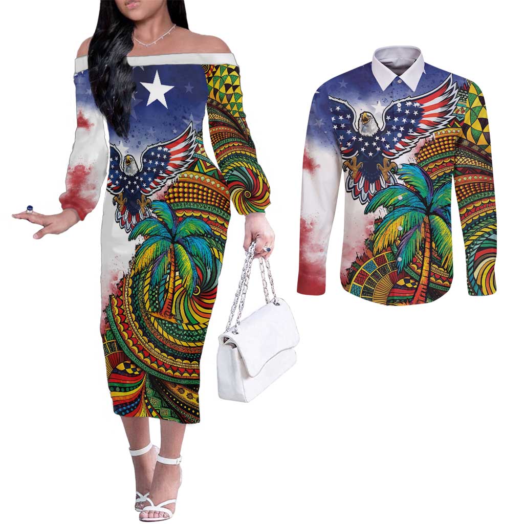 Caribbean American Together Couples Matching Off The Shoulder Long Sleeve Dress and Long Sleeve Button Shirt USA Flag Eagle and Coloful Palm Tree - Wonder Print Shop