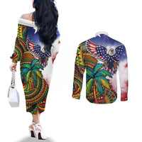 Caribbean American Together Couples Matching Off The Shoulder Long Sleeve Dress and Long Sleeve Button Shirt USA Flag Eagle and Coloful Palm Tree - Wonder Print Shop
