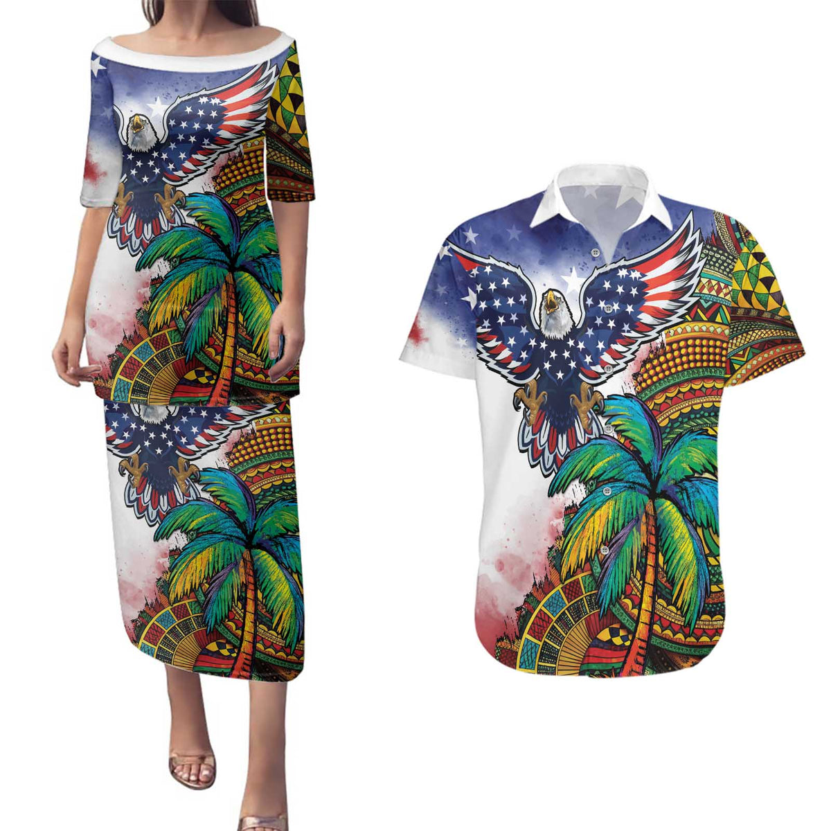 Caribbean American Together Couples Matching Puletasi and Hawaiian Shirt USA Flag Eagle and Coloful Palm Tree - Wonder Print Shop