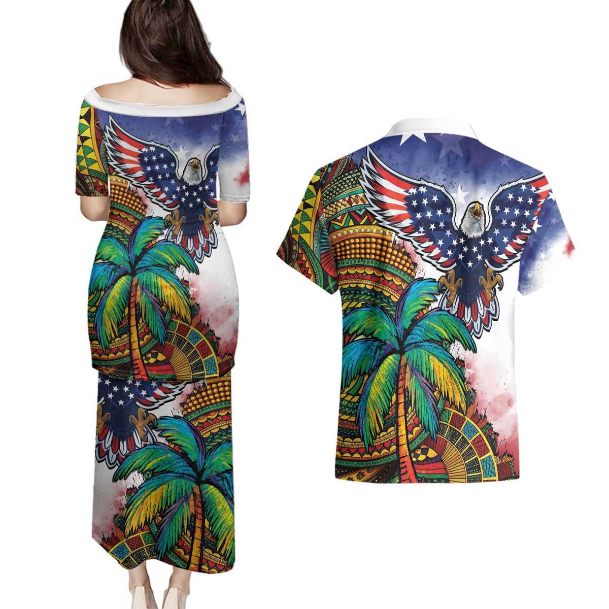 Caribbean American Together Couples Matching Puletasi and Hawaiian Shirt USA Flag Eagle and Coloful Palm Tree - Wonder Print Shop