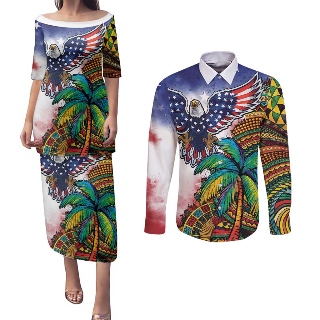 Caribbean American Together Couples Matching Puletasi and Long Sleeve Button Shirt USA Flag Eagle and Coloful Palm Tree - Wonder Print Shop