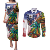 Caribbean American Together Couples Matching Puletasi and Long Sleeve Button Shirt USA Flag Eagle and Coloful Palm Tree - Wonder Print Shop
