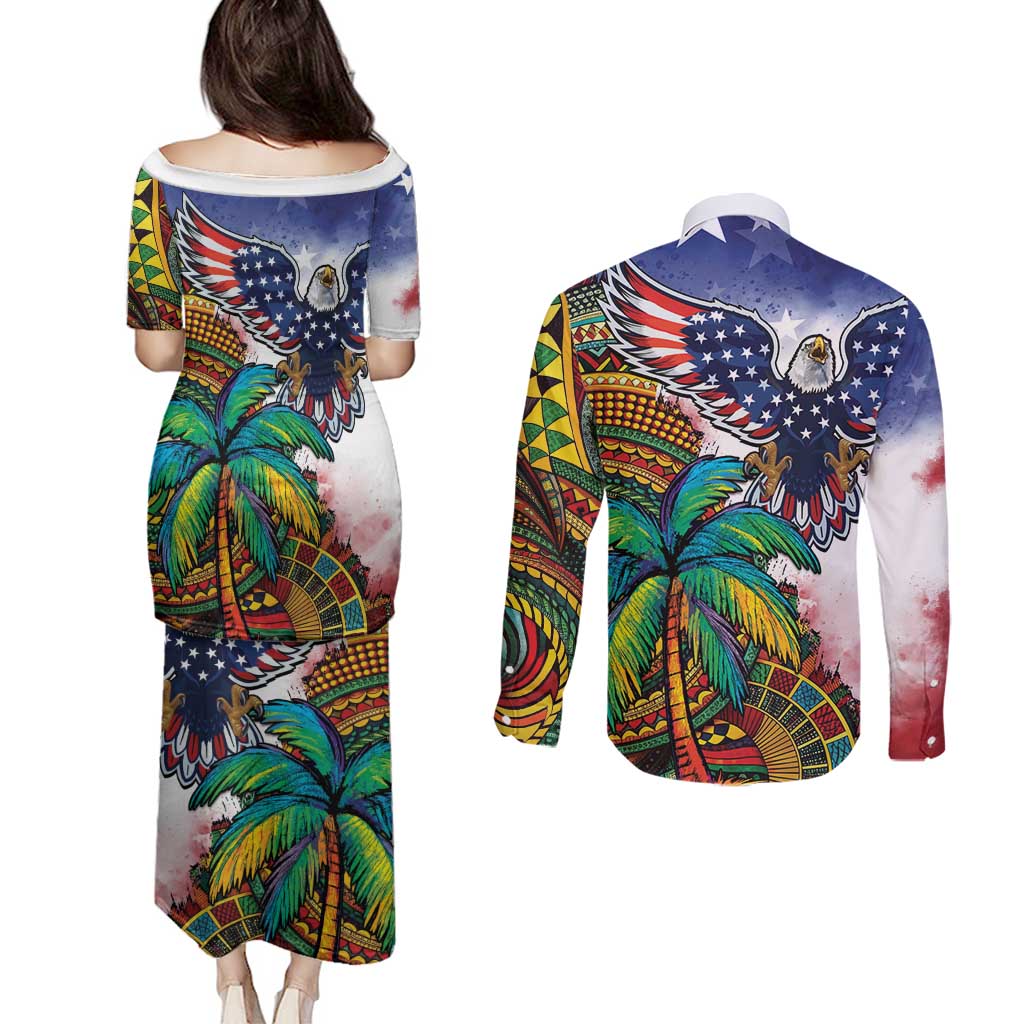Caribbean American Together Couples Matching Puletasi and Long Sleeve Button Shirt USA Flag Eagle and Coloful Palm Tree - Wonder Print Shop