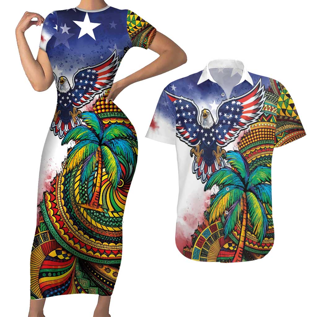 Caribbean American Together Couples Matching Short Sleeve Bodycon Dress and Hawaiian Shirt USA Flag Eagle and Coloful Palm Tree - Wonder Print Shop