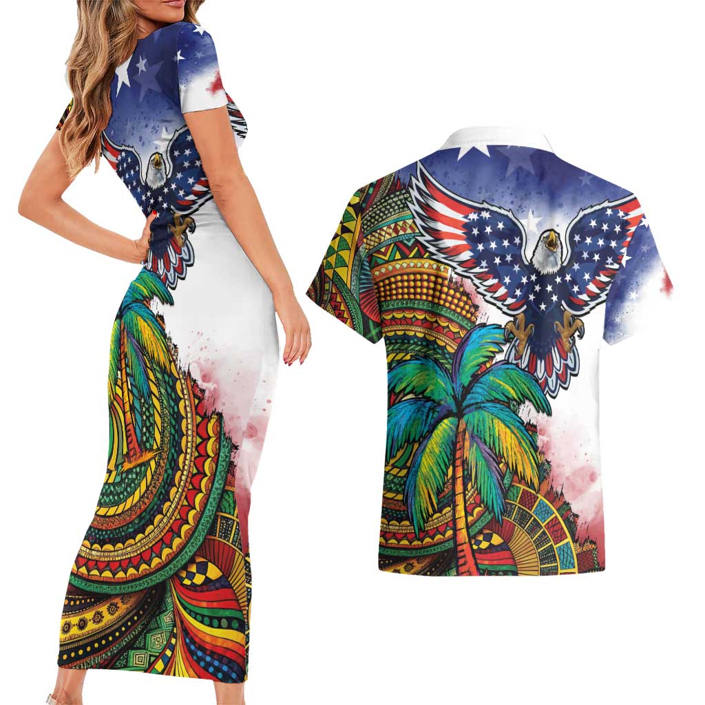 Caribbean American Together Couples Matching Short Sleeve Bodycon Dress and Hawaiian Shirt USA Flag Eagle and Coloful Palm Tree - Wonder Print Shop