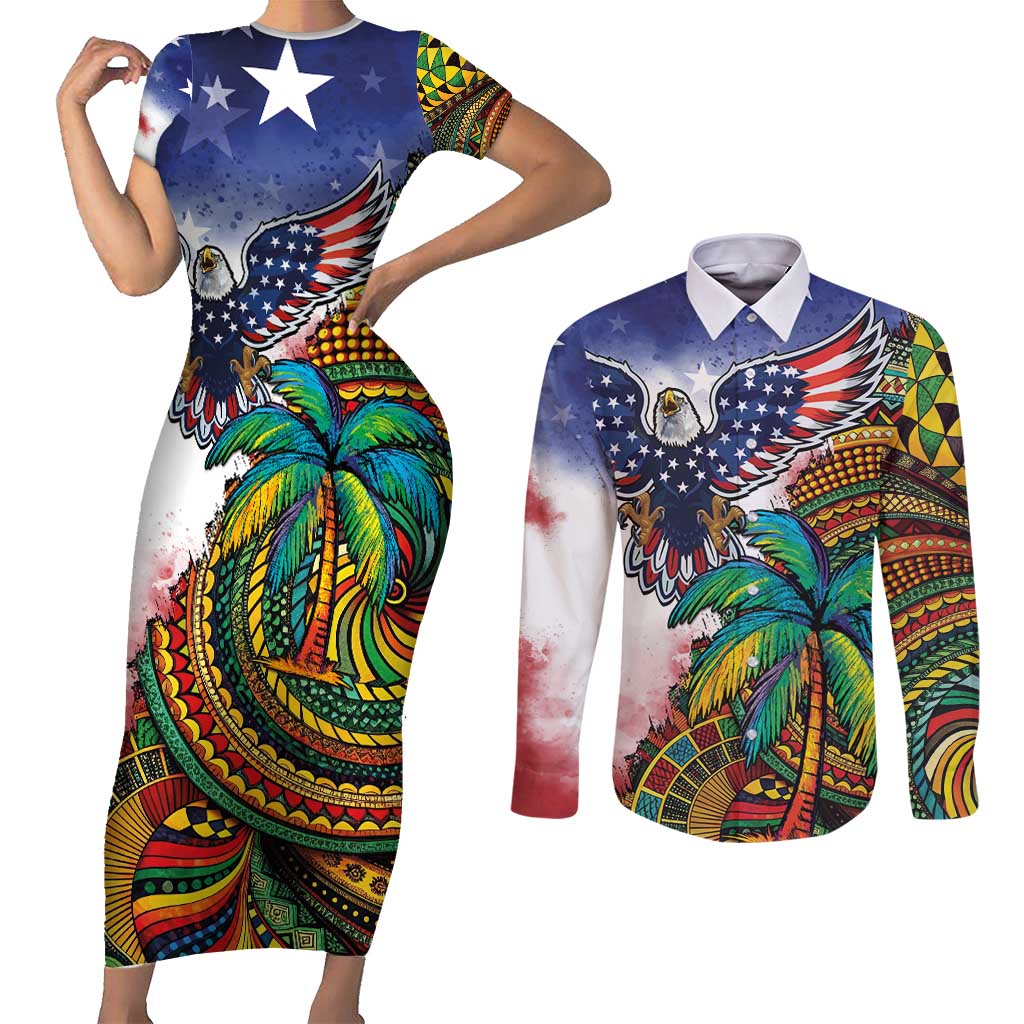 Caribbean American Together Couples Matching Short Sleeve Bodycon Dress and Long Sleeve Button Shirt USA Flag Eagle and Coloful Palm Tree - Wonder Print Shop