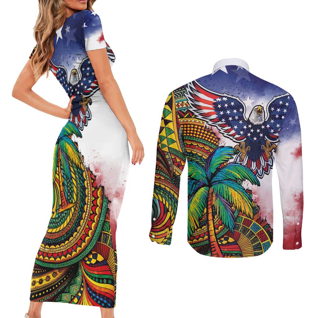 Caribbean American Together Couples Matching Short Sleeve Bodycon Dress and Long Sleeve Button Shirt USA Flag Eagle and Coloful Palm Tree - Wonder Print Shop