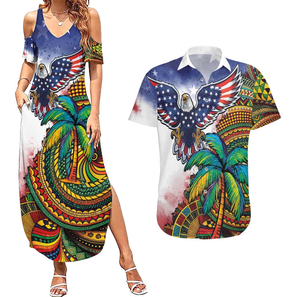 Caribbean American Together Couples Matching Summer Maxi Dress and Hawaiian Shirt USA Flag Eagle and Coloful Palm Tree - Wonder Print Shop