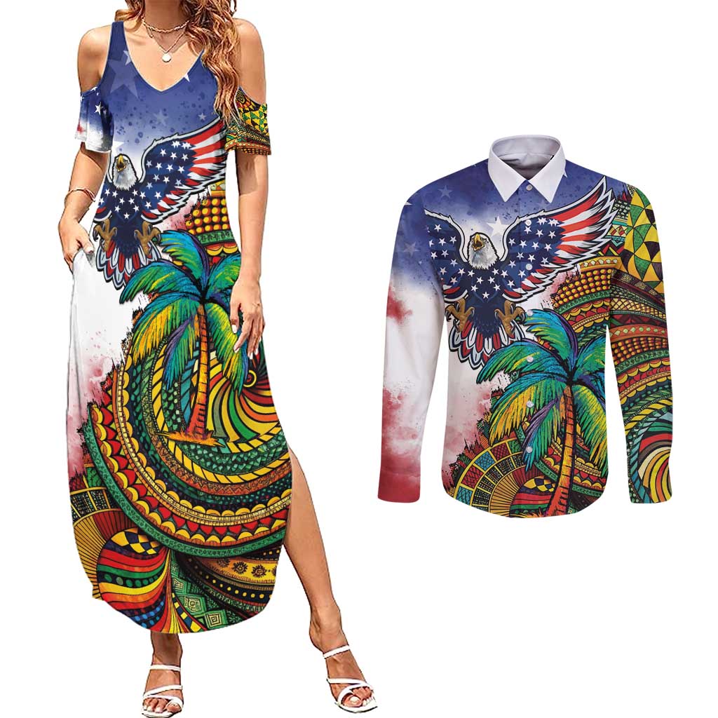 Caribbean American Together Couples Matching Summer Maxi Dress and Long Sleeve Button Shirt USA Flag Eagle and Coloful Palm Tree - Wonder Print Shop
