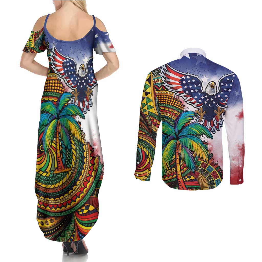 Caribbean American Together Couples Matching Summer Maxi Dress and Long Sleeve Button Shirt USA Flag Eagle and Coloful Palm Tree - Wonder Print Shop