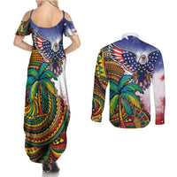 Caribbean American Together Couples Matching Summer Maxi Dress and Long Sleeve Button Shirt USA Flag Eagle and Coloful Palm Tree - Wonder Print Shop