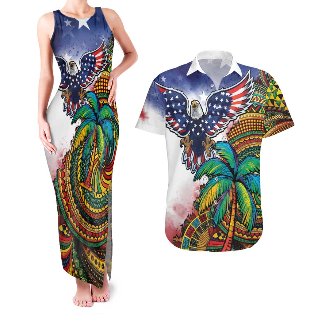 Caribbean American Together Couples Matching Tank Maxi Dress and Hawaiian Shirt USA Flag Eagle and Coloful Palm Tree - Wonder Print Shop
