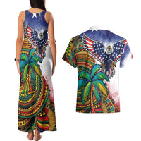Caribbean American Together Couples Matching Tank Maxi Dress and Hawaiian Shirt USA Flag Eagle and Coloful Palm Tree - Wonder Print Shop