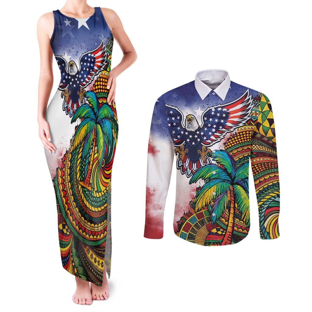 Caribbean American Together Couples Matching Tank Maxi Dress and Long Sleeve Button Shirt USA Flag Eagle and Coloful Palm Tree - Wonder Print Shop