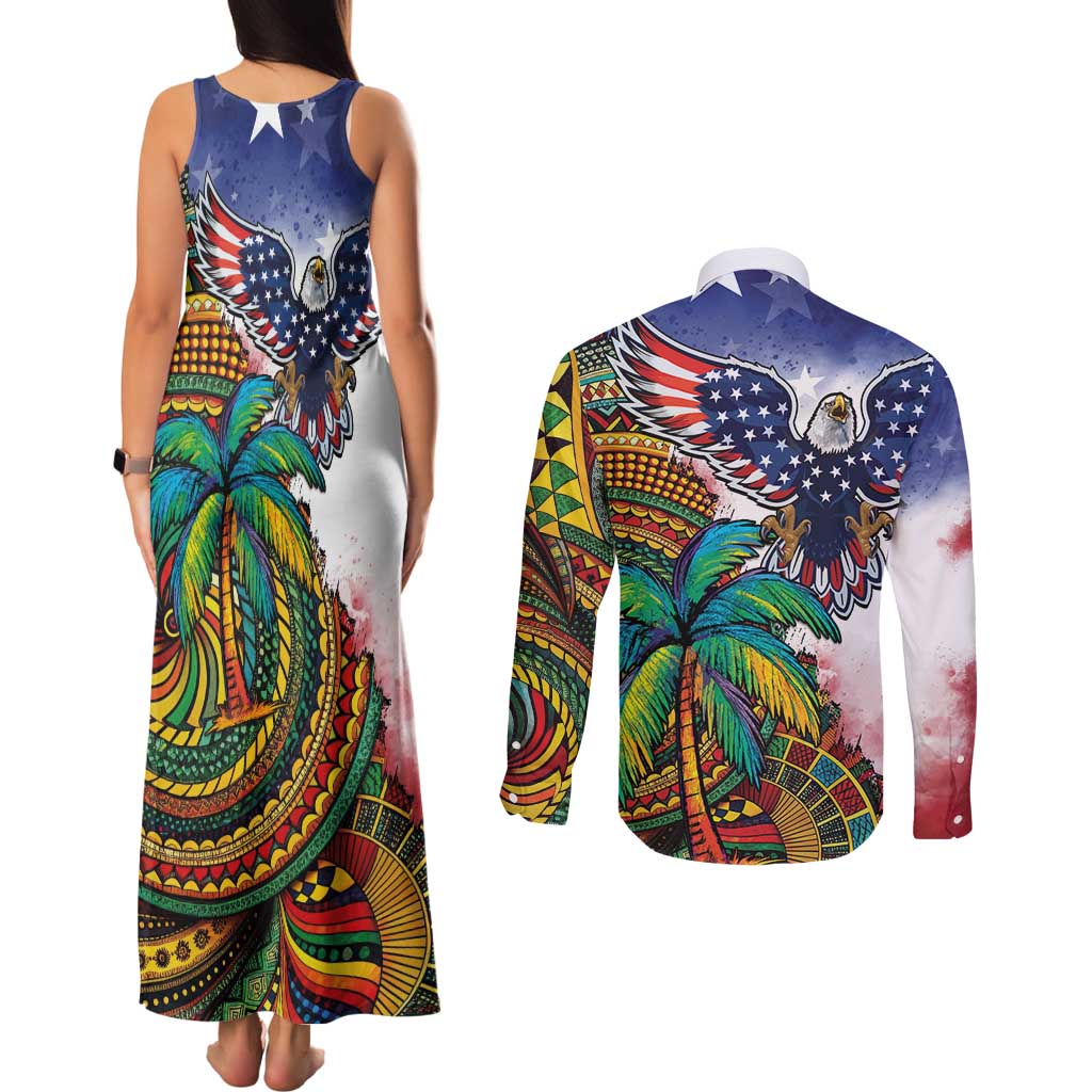 Caribbean American Together Couples Matching Tank Maxi Dress and Long Sleeve Button Shirt USA Flag Eagle and Coloful Palm Tree - Wonder Print Shop