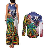Caribbean American Together Couples Matching Tank Maxi Dress and Long Sleeve Button Shirt USA Flag Eagle and Coloful Palm Tree - Wonder Print Shop