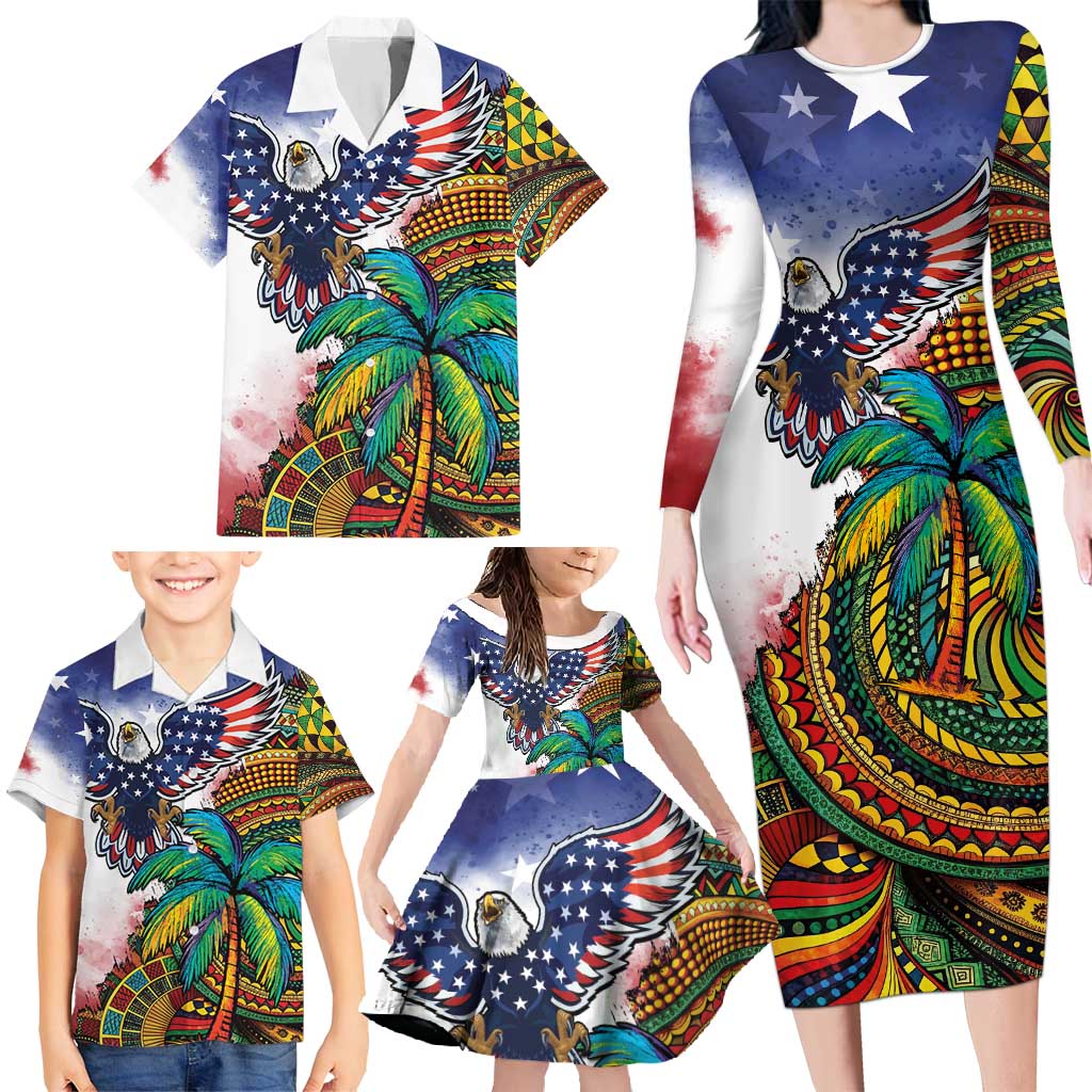 Caribbean American Together Family Matching Long Sleeve Bodycon Dress and Hawaiian Shirt USA Flag Eagle and Coloful Palm Tree - Wonder Print Shop
