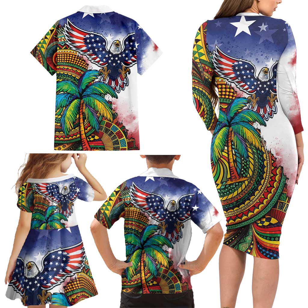 Caribbean American Together Family Matching Long Sleeve Bodycon Dress and Hawaiian Shirt USA Flag Eagle and Coloful Palm Tree - Wonder Print Shop