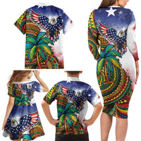 Caribbean American Together Family Matching Long Sleeve Bodycon Dress and Hawaiian Shirt USA Flag Eagle and Coloful Palm Tree - Wonder Print Shop