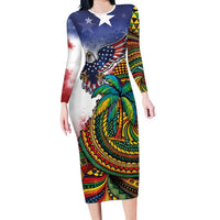 Caribbean American Together Family Matching Long Sleeve Bodycon Dress and Hawaiian Shirt USA Flag Eagle and Coloful Palm Tree - Wonder Print Shop
