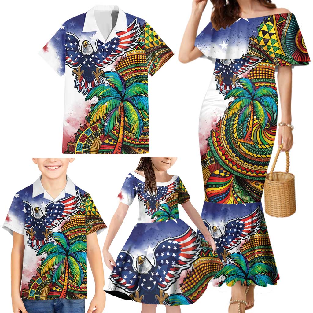 Caribbean American Together Family Matching Mermaid Dress and Hawaiian Shirt USA Flag Eagle and Coloful Palm Tree - Wonder Print Shop