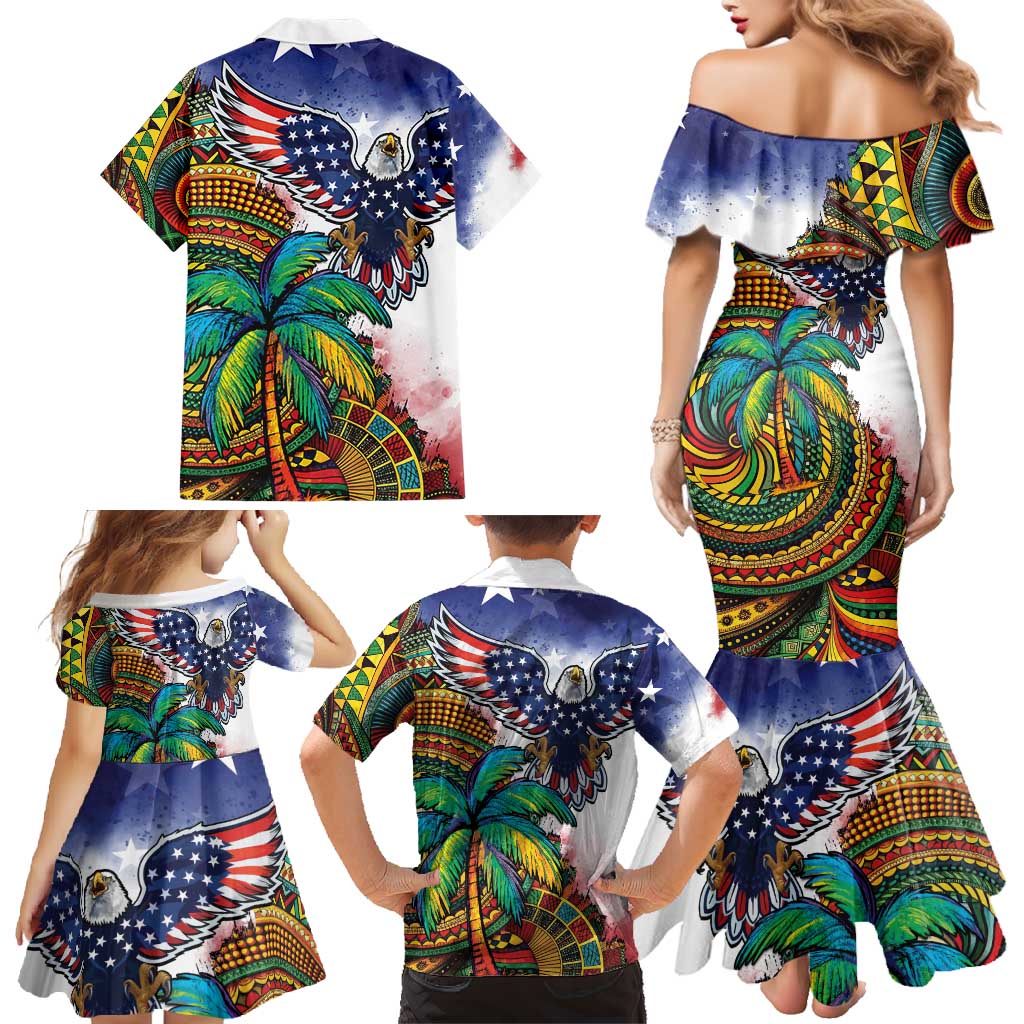 Caribbean American Together Family Matching Mermaid Dress and Hawaiian Shirt USA Flag Eagle and Coloful Palm Tree - Wonder Print Shop