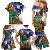 Caribbean American Together Family Matching Mermaid Dress and Hawaiian Shirt USA Flag Eagle and Coloful Palm Tree - Wonder Print Shop