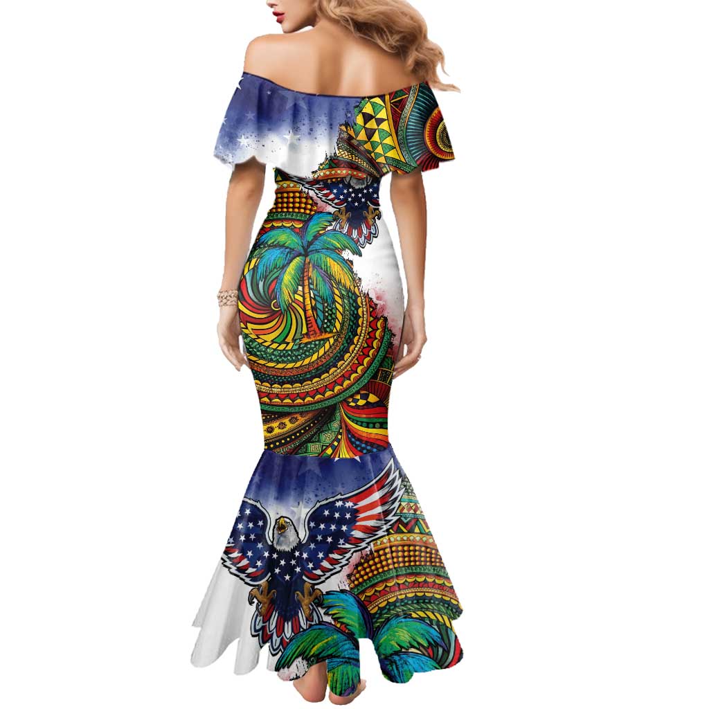 Caribbean American Together Family Matching Mermaid Dress and Hawaiian Shirt USA Flag Eagle and Coloful Palm Tree - Wonder Print Shop