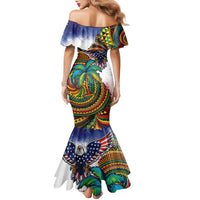 Caribbean American Together Family Matching Mermaid Dress and Hawaiian Shirt USA Flag Eagle and Coloful Palm Tree - Wonder Print Shop