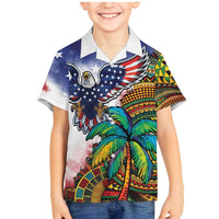 Caribbean American Together Family Matching Mermaid Dress and Hawaiian Shirt USA Flag Eagle and Coloful Palm Tree - Wonder Print Shop