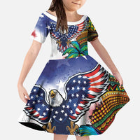 Caribbean American Together Family Matching Off The Shoulder Long Sleeve Dress and Hawaiian Shirt USA Flag Eagle and Coloful Palm Tree - Wonder Print Shop