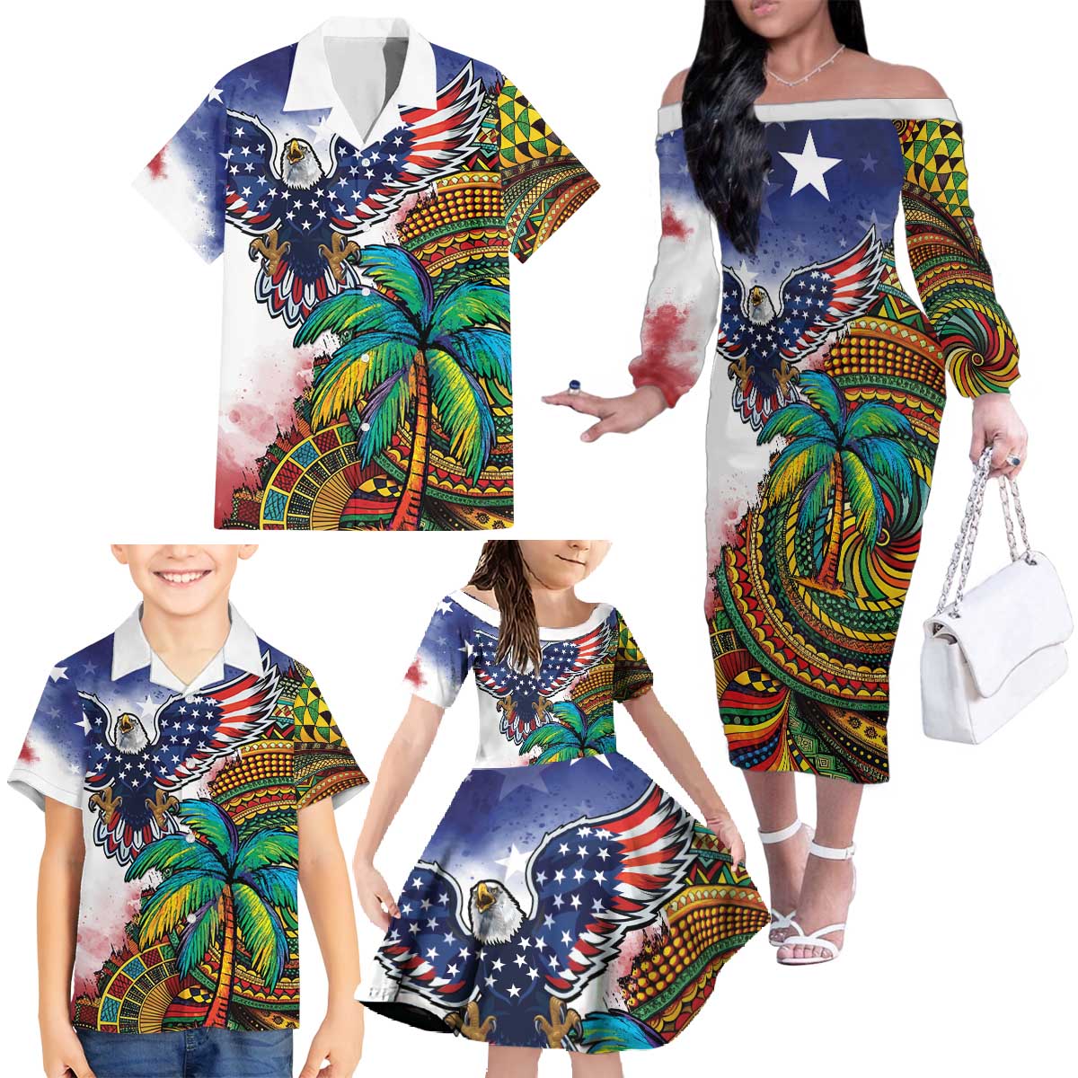 Caribbean American Together Family Matching Off The Shoulder Long Sleeve Dress and Hawaiian Shirt USA Flag Eagle and Coloful Palm Tree - Wonder Print Shop