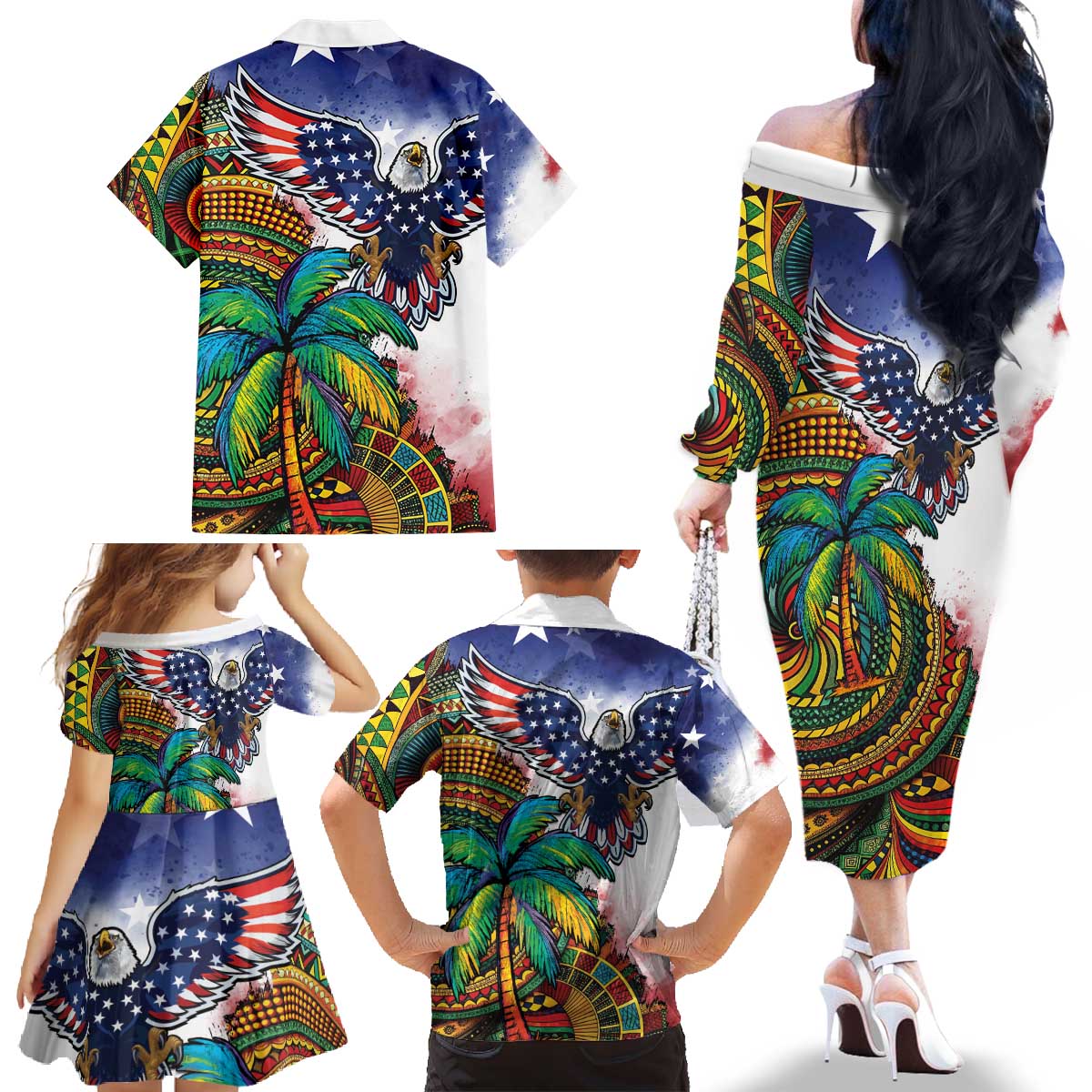 Caribbean American Together Family Matching Off The Shoulder Long Sleeve Dress and Hawaiian Shirt USA Flag Eagle and Coloful Palm Tree - Wonder Print Shop