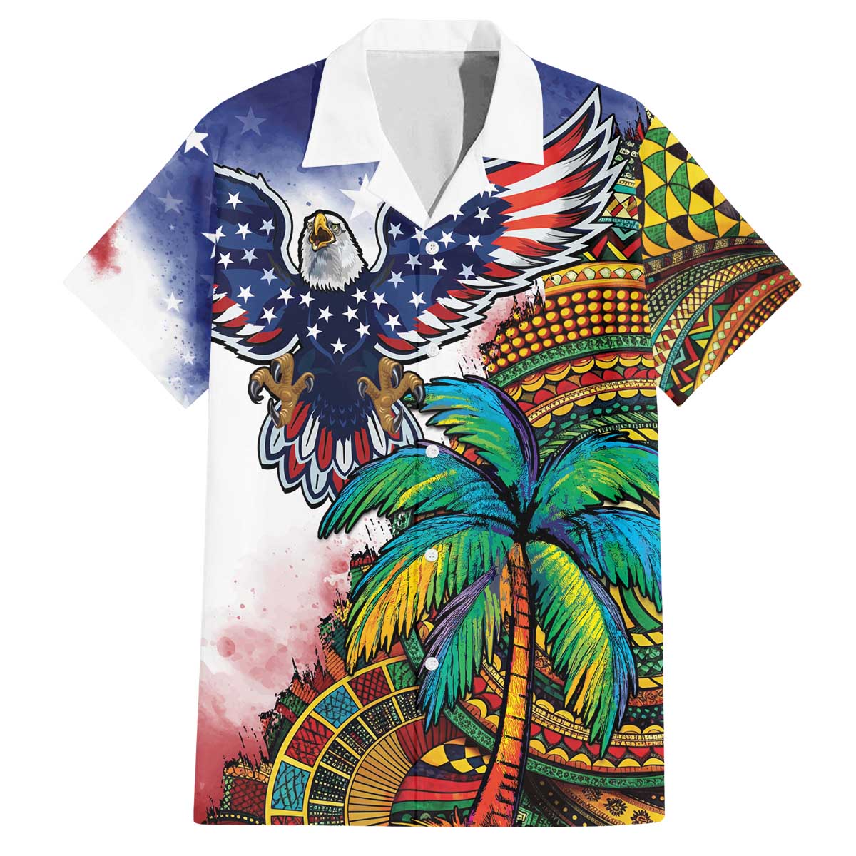 Caribbean American Together Family Matching Off The Shoulder Long Sleeve Dress and Hawaiian Shirt USA Flag Eagle and Coloful Palm Tree - Wonder Print Shop
