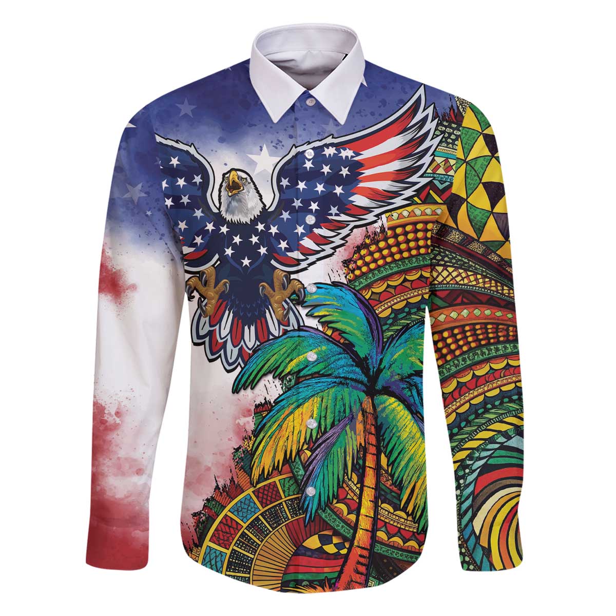 Caribbean American Together Family Matching Off The Shoulder Long Sleeve Dress and Hawaiian Shirt USA Flag Eagle and Coloful Palm Tree - Wonder Print Shop