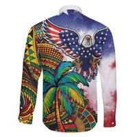 Caribbean American Together Family Matching Off The Shoulder Long Sleeve Dress and Hawaiian Shirt USA Flag Eagle and Coloful Palm Tree - Wonder Print Shop