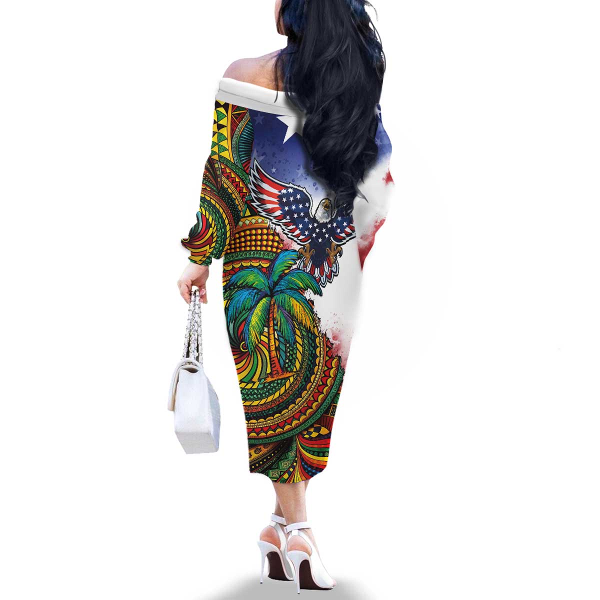 Caribbean American Together Family Matching Off The Shoulder Long Sleeve Dress and Hawaiian Shirt USA Flag Eagle and Coloful Palm Tree - Wonder Print Shop